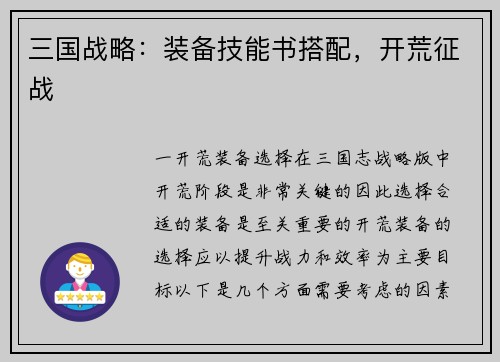 三国战略：装备技能书搭配，开荒征战
